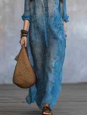 Effortless Bohemian Draping Paisley Print Button-Down Collar Maxi Dress