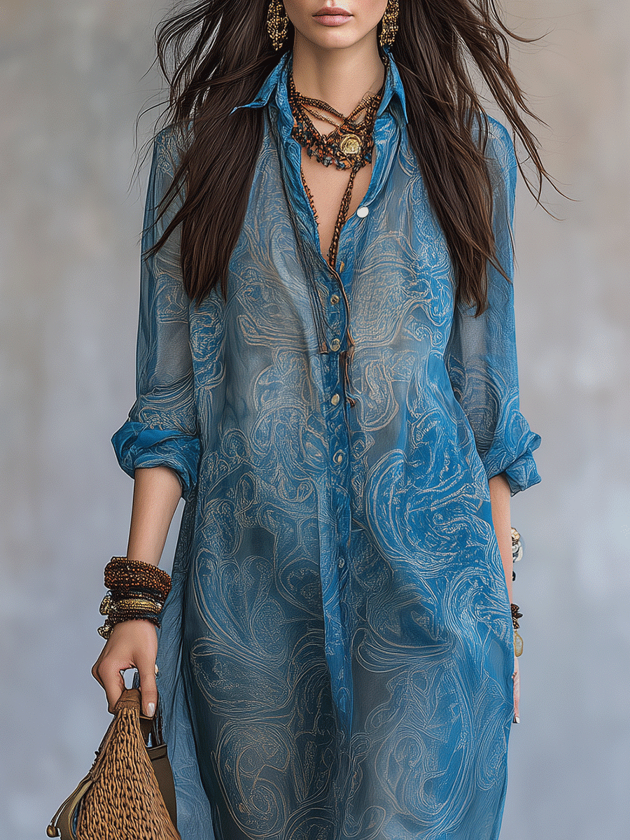 Effortless Bohemian Draping Paisley Print Button-Down Collar Maxi Dress