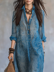 Effortless Bohemian Draping Paisley Print Button-Down Collar Maxi Dress