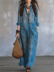 Effortless Bohemian Draping Paisley Print Button-Down Collar Maxi Dress