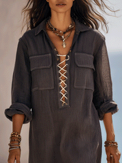 Effortless Boho Lace-Up Utility Style Relaxed Fit Midi Shirt Dress