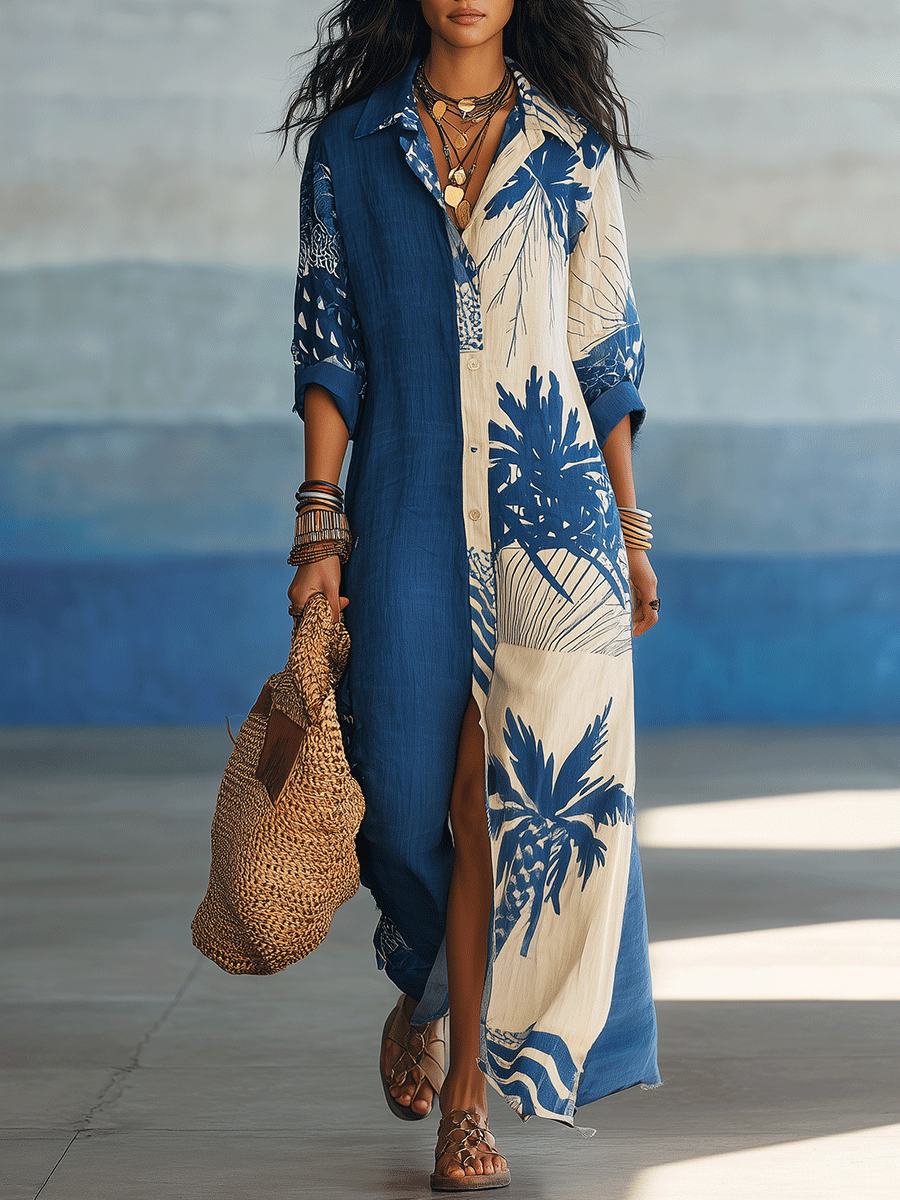 Effortless Bohemian-Style Blue Printed Maxi Dress