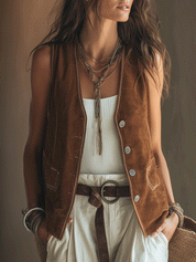 Vintage Bohemian Western-Inspired Everyday Style Faux Suede Vest