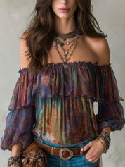 Opulent Midnight Paisley Off Shoulder Boho Blouse