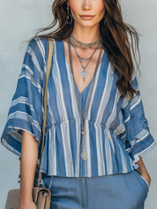 Effortless Sky Blue Striped Boho T-shirt