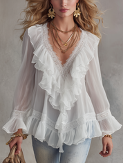 Lightweight White Lace Ruffled Chiffon Blouse