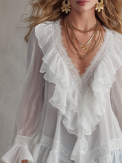 Lightweight White Lace Ruffled Chiffon Blouse