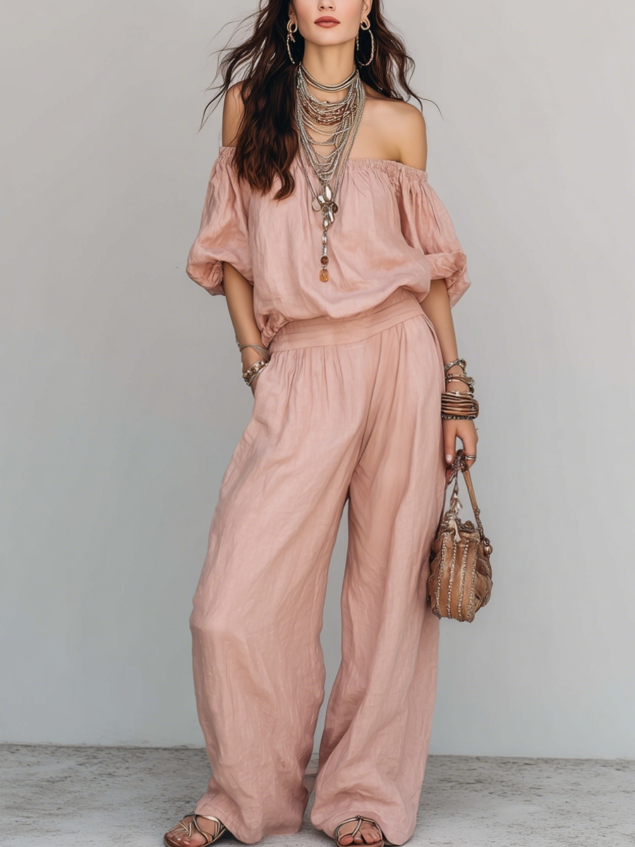 Pink Cotton Linen Top And Wide Leg Pants Set