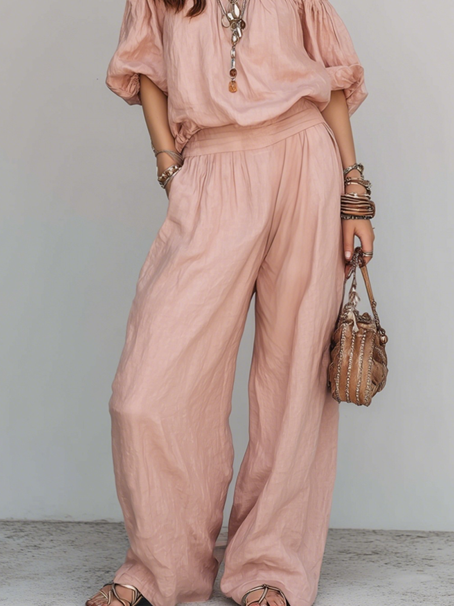 Pink Cotton Linen Top And Wide Leg Pants Set