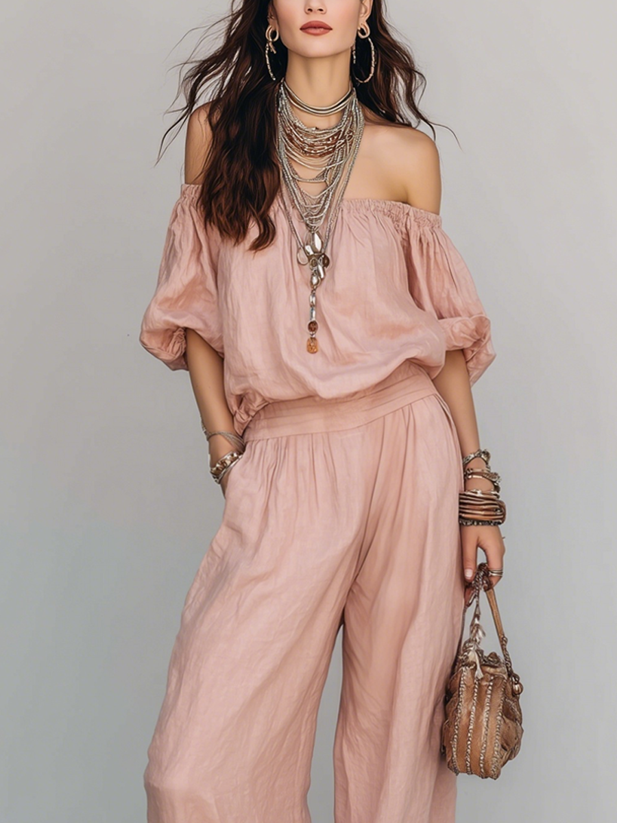 Pink Cotton Linen Top And Wide Leg Pants Set