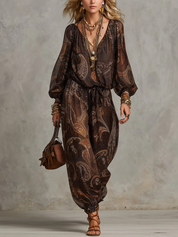 Bohemian Style Brown Paisley Jumpsuit
