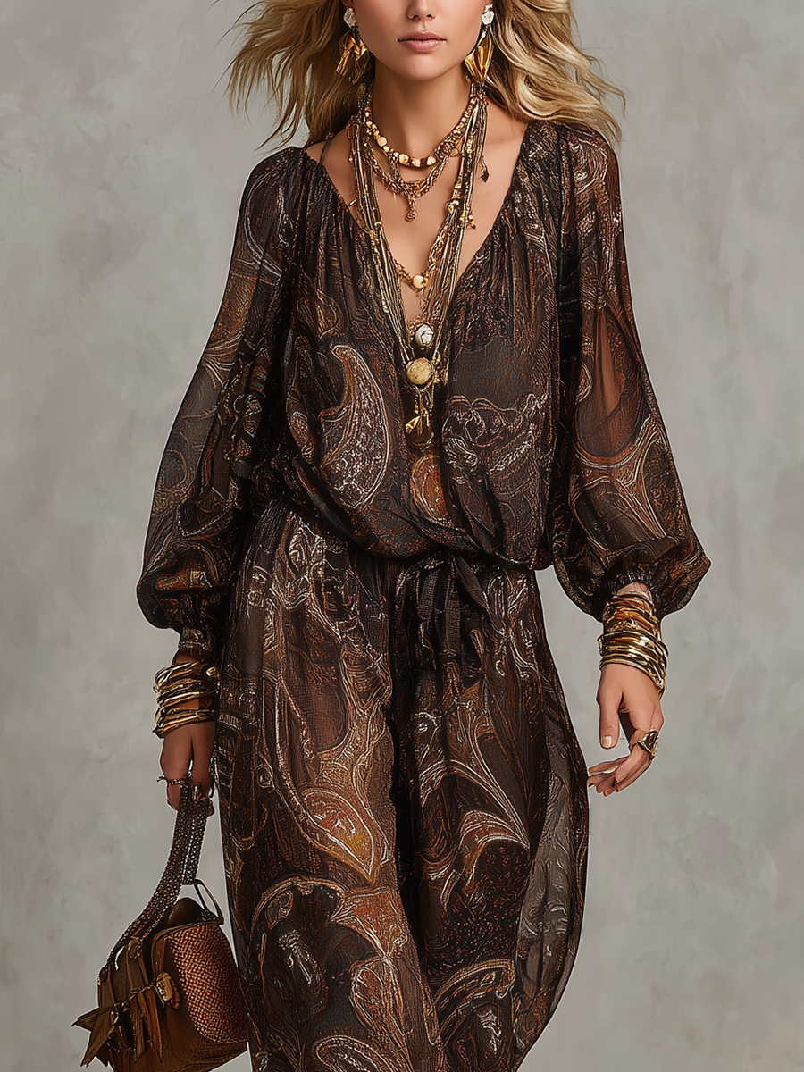 Bohemian Style Brown Paisley Jumpsuit