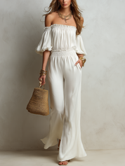 Elegant Ivory Off-Shoulder Wide Leg Jumpsuit