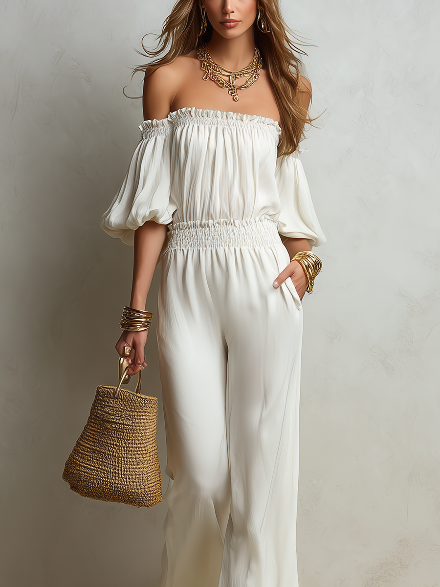 Elegant Ivory Off-Shoulder Wide Leg Jumpsuit