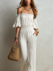Elegant Ivory Off-Shoulder Wide Leg Jumpsuit