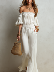 Elegant Ivory Off-Shoulder Wide Leg Jumpsuit