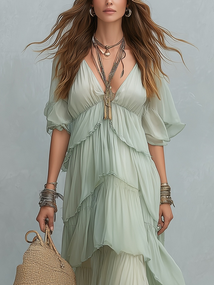 Ethereal Sage Layered Chiffon Maxi Dress