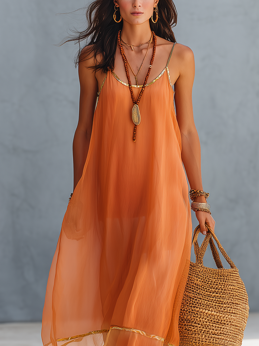 Sunset Apricot Tulle Lace Up Dress With Gold Trim