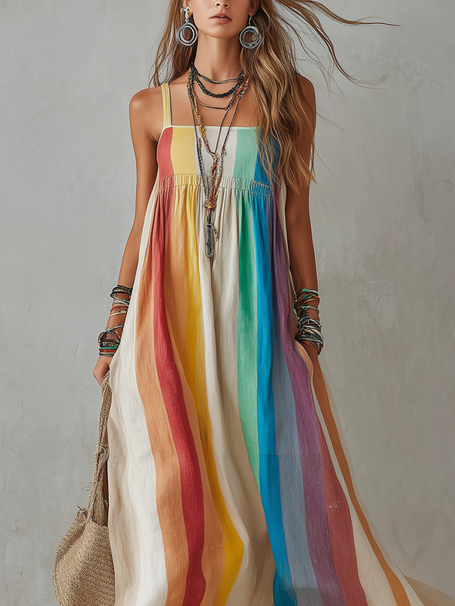 Bohemian Sunset Rainbow Striped Maxi Dress