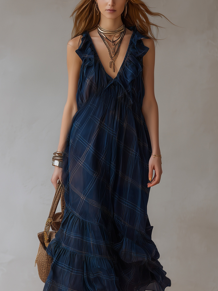 Bohemian Midnight Blue Plaid Ruffle Maxi Skirt