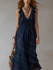 Bohemian Midnight Blue Plaid Ruffle Maxi Skirt