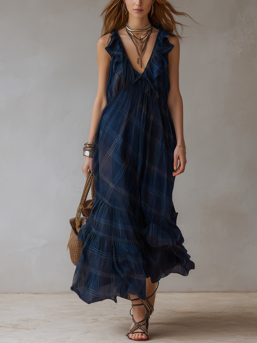 Bohemian Midnight Blue Plaid Ruffle Maxi Skirt