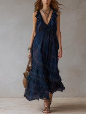 Bohemian Midnight Blue Plaid Ruffle Maxi Skirt