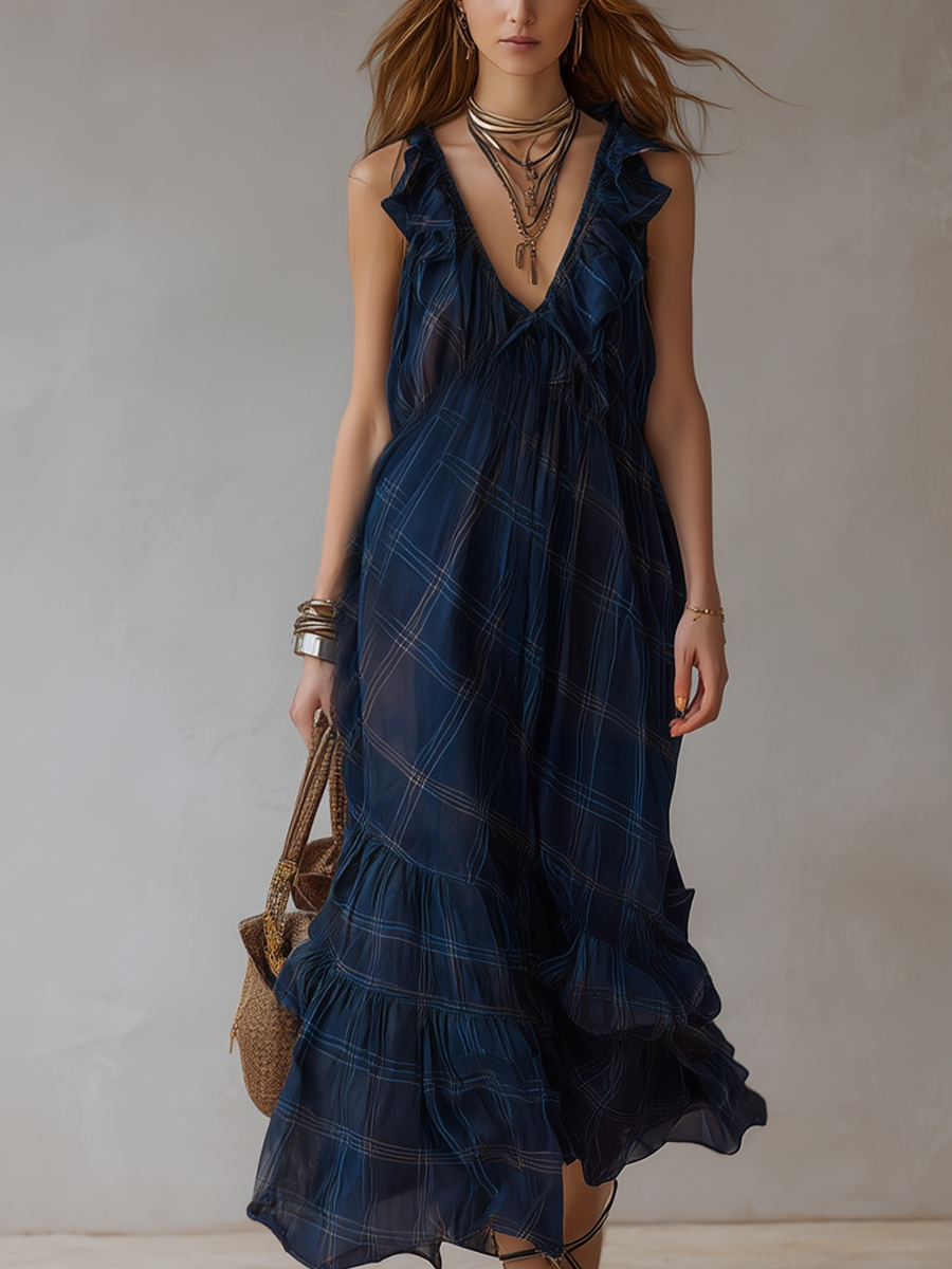 Bohemian Midnight Blue Plaid Ruffle Maxi Skirt