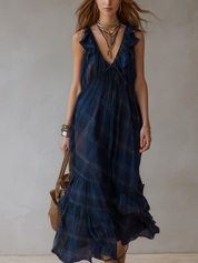 Bohemian Midnight Blue Plaid Ruffle Maxi Skirt