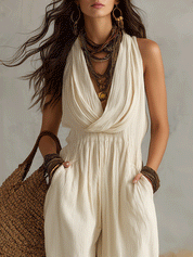 Effortless Boho Draped Halter Neck Relaxed Fit Wide-Leg Jumpsuit