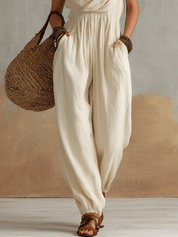 Effortless Boho Draped Halter Neck Relaxed Fit Wide-Leg Jumpsuit