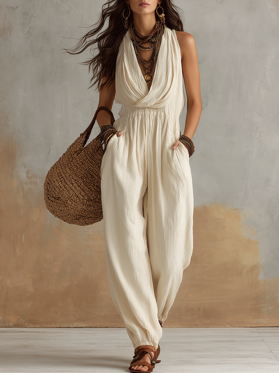 Effortless Boho Draped Halter Neck Relaxed Fit Wide-Leg Jumpsuit