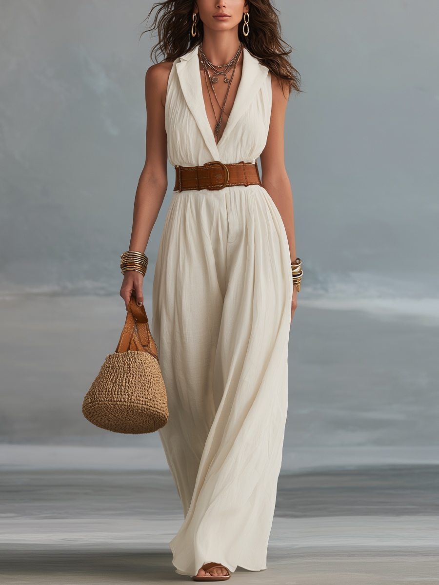 Refined Ivory Belted Plunge Jumpsuit