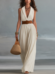 Refined Ivory Belted Plunge Jumpsuit