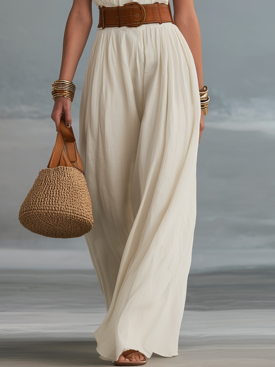 Refined Ivory Belted Plunge Jumpsuit