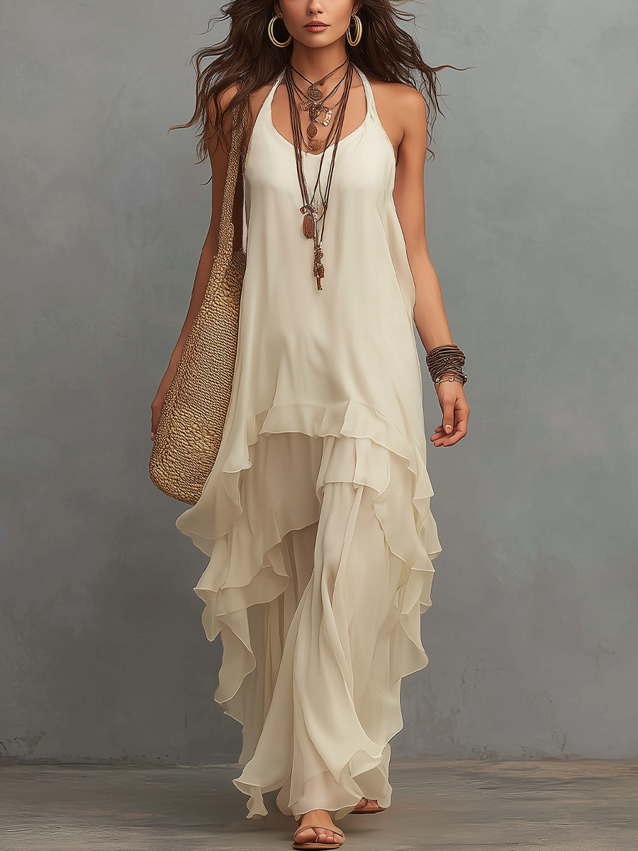 Minimalist Beige Tiered Halter Maxi Dress