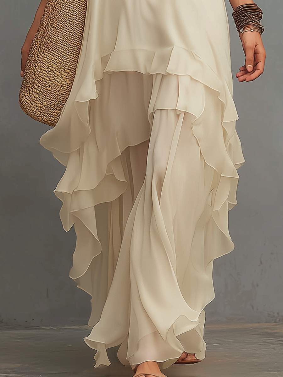 Minimalist Beige Tiered Halter Maxi Dress