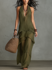 Elegant Moss Green Layered Halter Maxi Dress