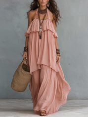 Elegant Blush Off-Shoulder Layered Maxi Dress