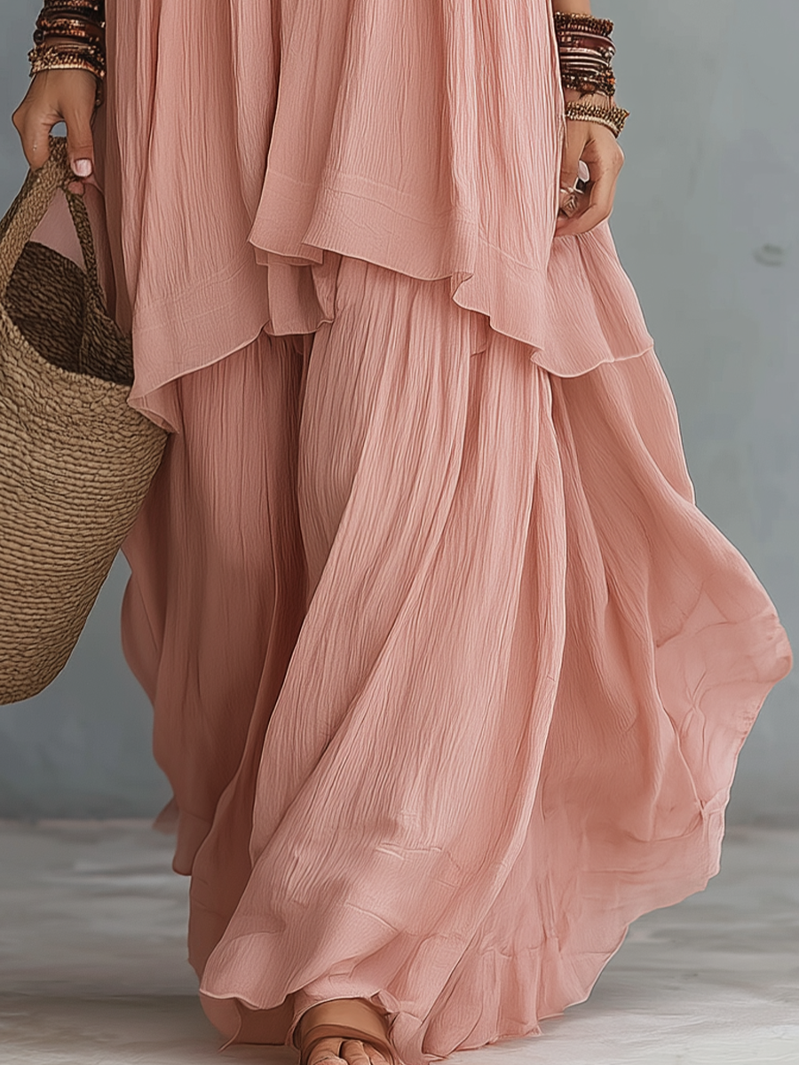 Elegant Blush Off-Shoulder Layered Maxi Dress