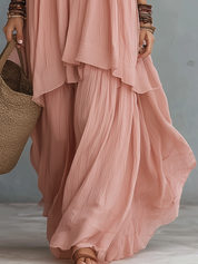 Elegant Blush Off-Shoulder Layered Maxi Dress