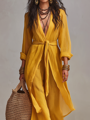 Elegant Mustard Tie-Front Pant Set