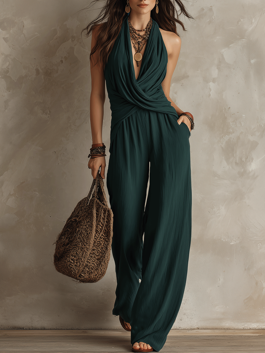 Effortless Boho Twist Halter Neck Wide-Leg Flowy Jumpsuit