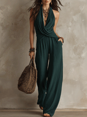 Effortless Boho Twist Halter Neck Wide-Leg Flowy Jumpsuit