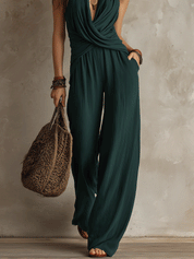 Effortless Boho Twist Halter Neck Wide-Leg Flowy Jumpsuit
