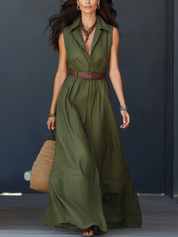 Sophisticated Olive Sleeveless Shirt Maxi Dress