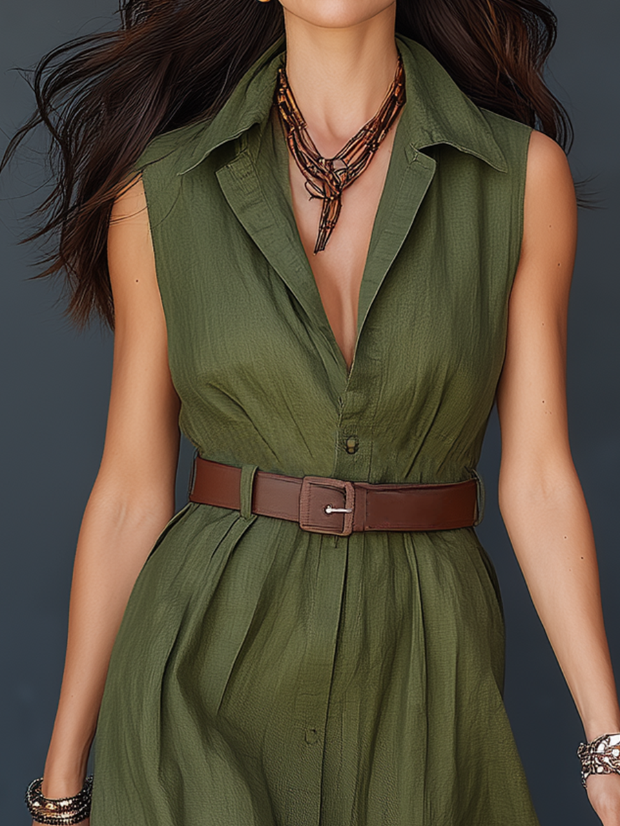 Sophisticated Olive Sleeveless Shirt Maxi Dress