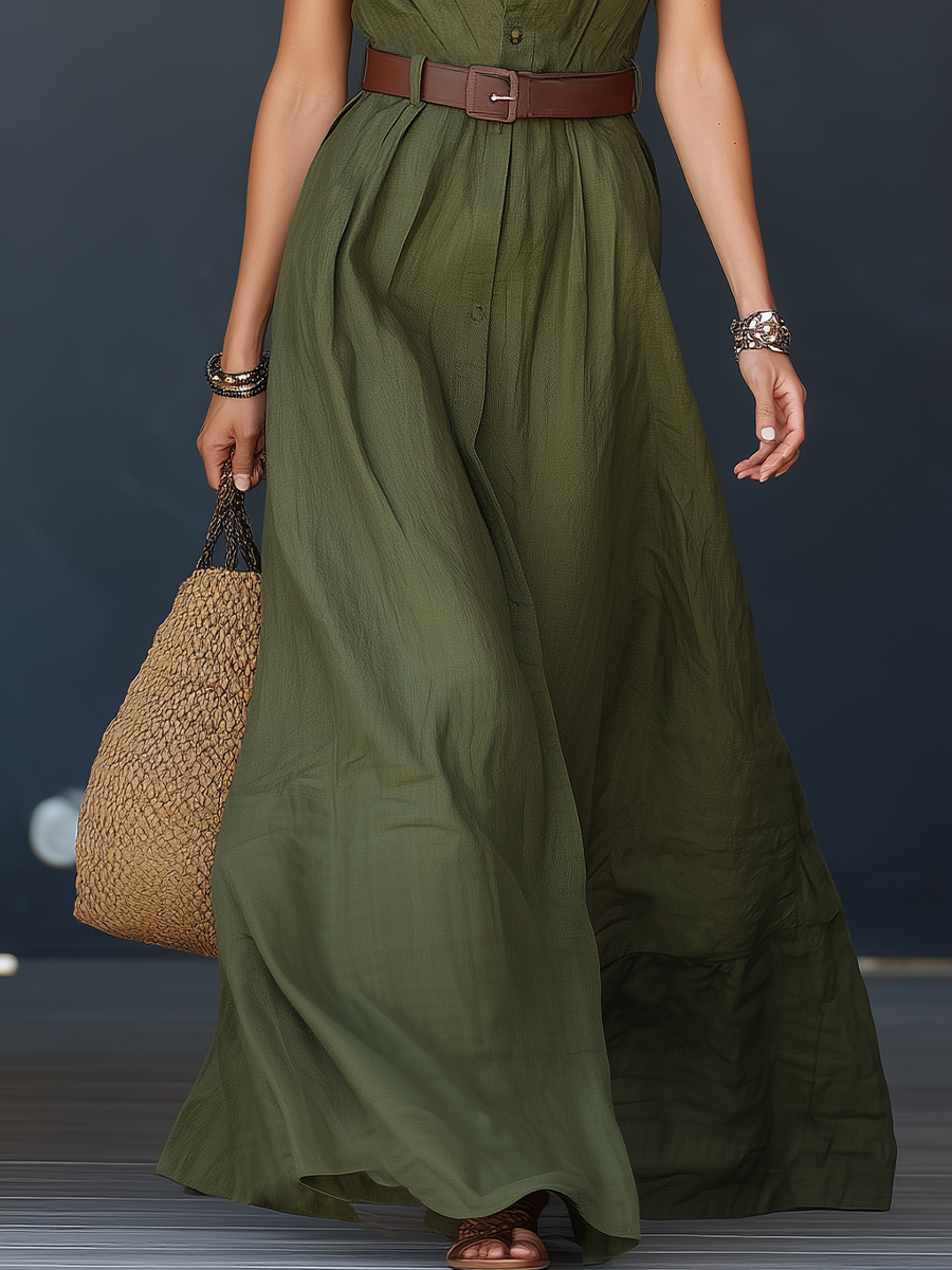 Sophisticated Olive Sleeveless Shirt Maxi Dress