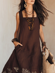 Effortless Boho Embroidered Square-Neck Linen Sleeveless Flowy Midi Dress
