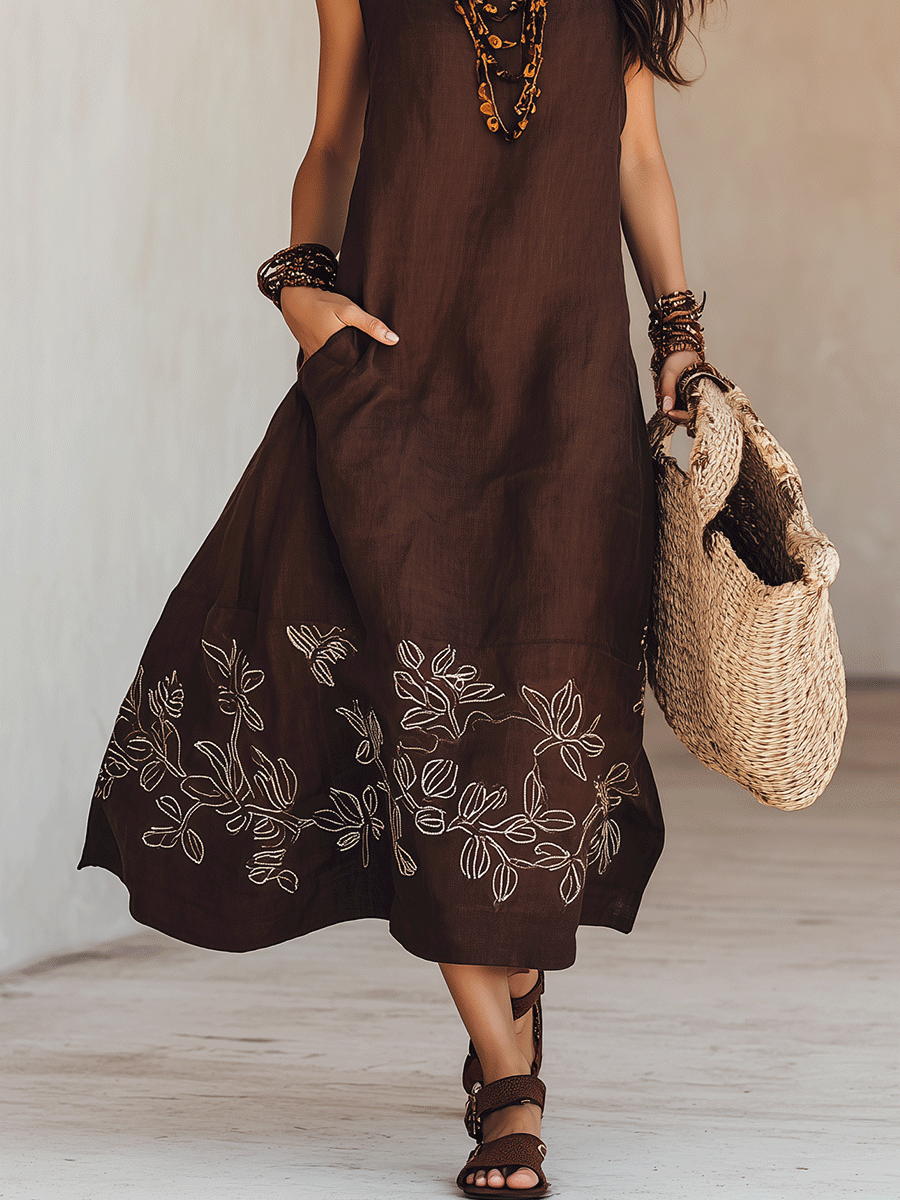 Effortless Boho Embroidered Square-Neck Linen Sleeveless Flowy Midi Dress